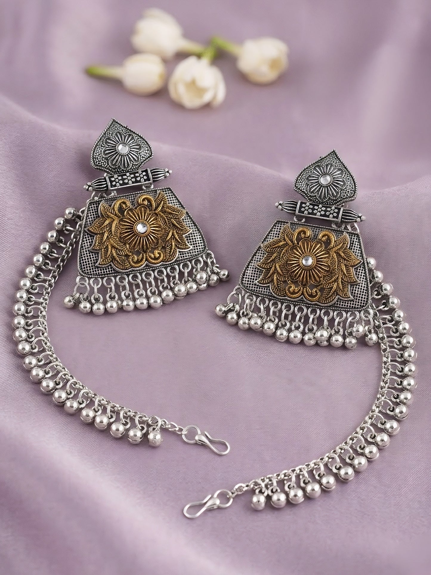 Silver Oxidised Floral Jhumka Earring with Chain for Women
