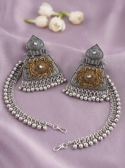 Silver Oxidised Floral Jhumka Earring with Chain for Women