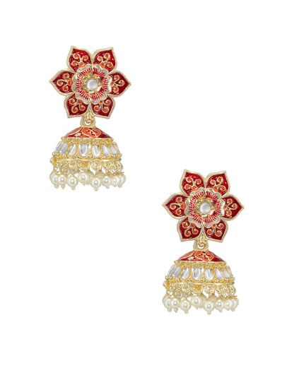 Red Floral Beads Drop Jhumka Earrings