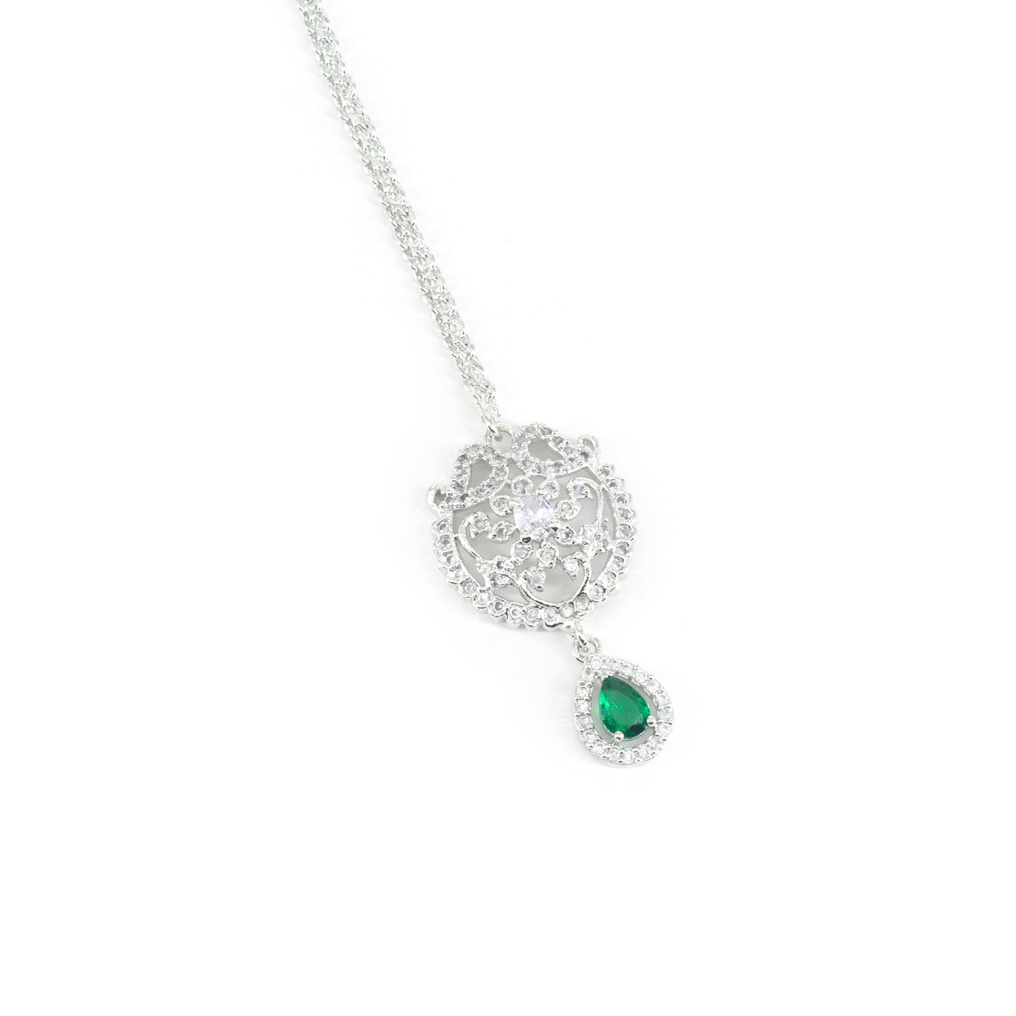 Rhodium Plated Green AD Maang Tikka for Women
