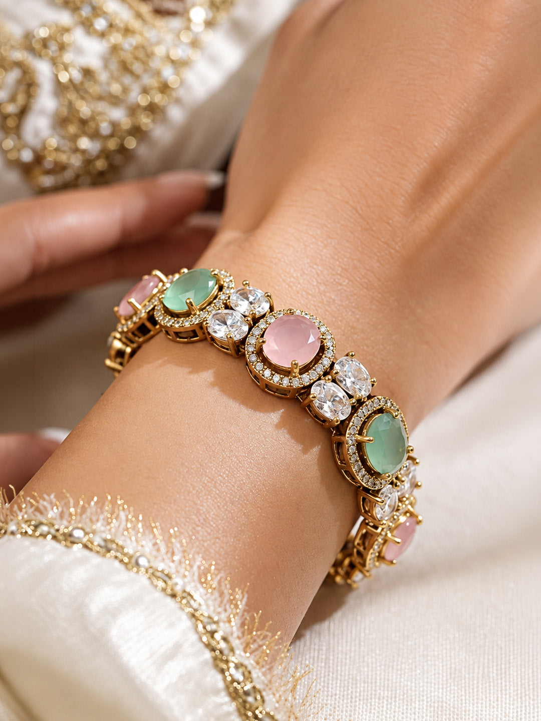 Antique Gold Plated Pink AD Adjustable Bracelet for Women