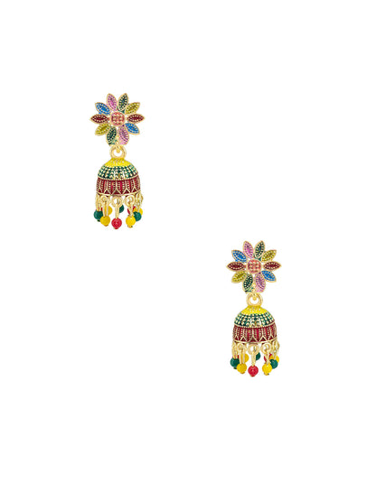 Gold Plated Floral Multi Color Artificial Beaded Jhumki Earrings