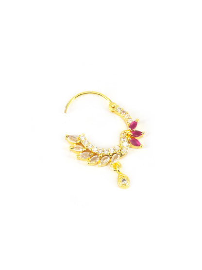 Gold Plated Red & White AD Drop Nose Ring