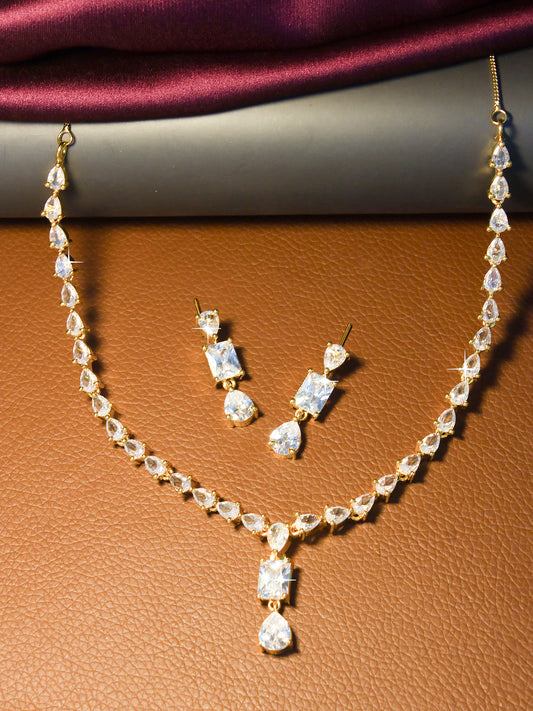 Gold Plated Teardrop Shaped American Diamond Studded Jewellery Set