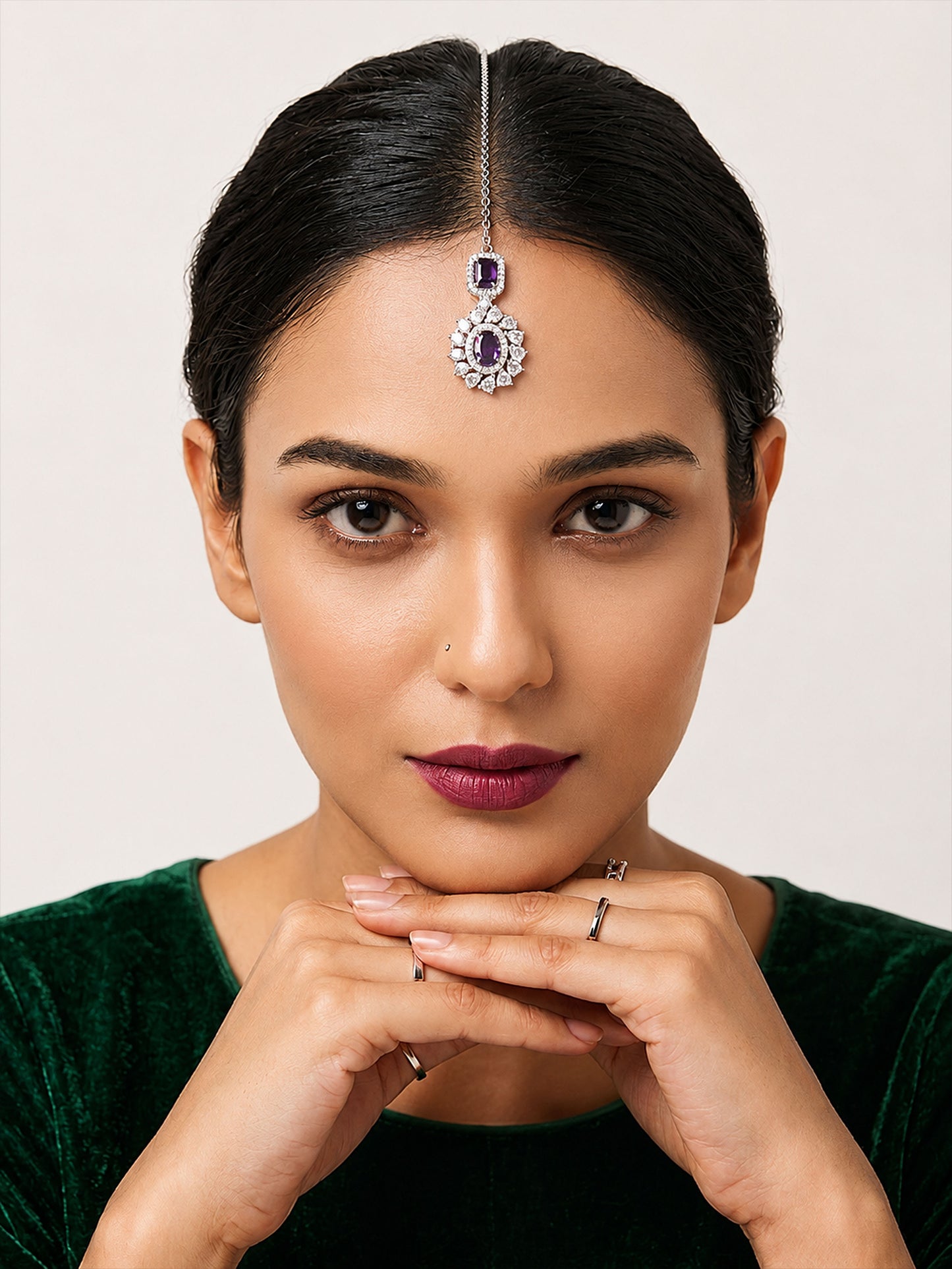 Silver Plated Purple AD Maang Tikka for Women