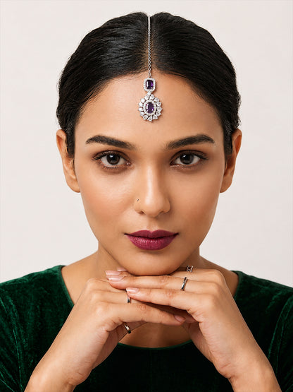 Silver Plated Purple AD Maang Tikka for Women