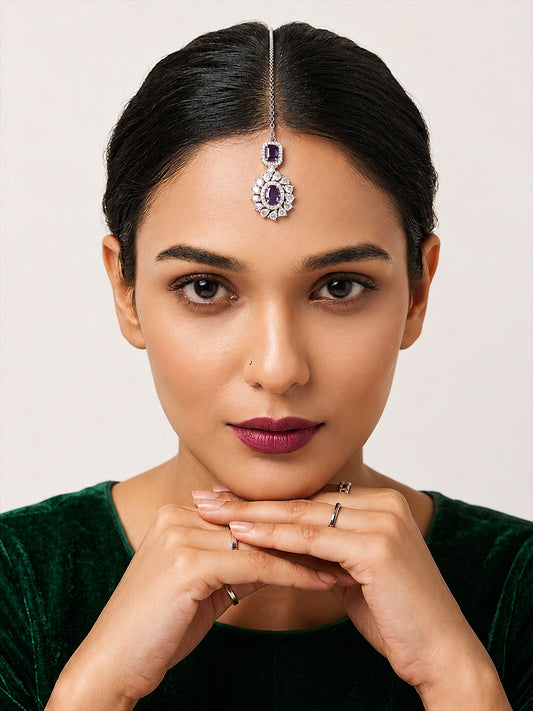 Silver Plated Purple AD Maang Tikka for Women