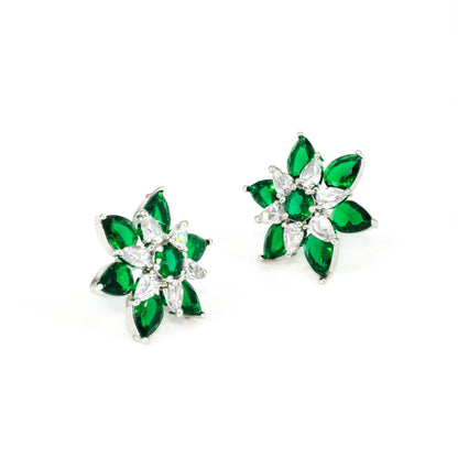 Rhodium Plated Green AD Floral Stud Earrings for Women