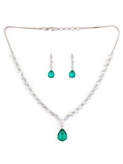 Silver Plated Green & White AD Jewellery Set