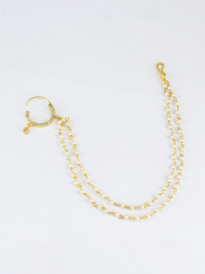 Gold Plated AD Nose Ring with 2 line Pearl Chain