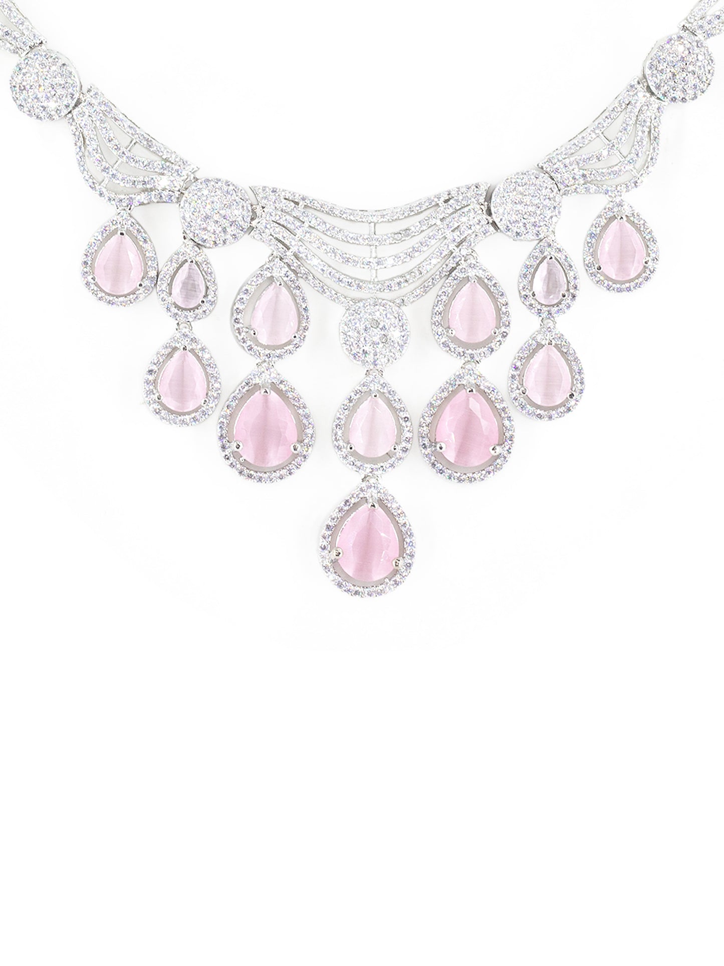 Silver Plated Pink & White AD Designer Jewellery Set
