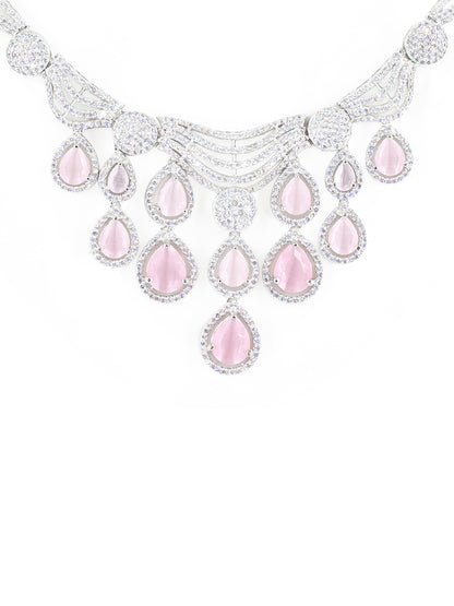 Silver Plated Pink & White AD Designer Jewellery Set