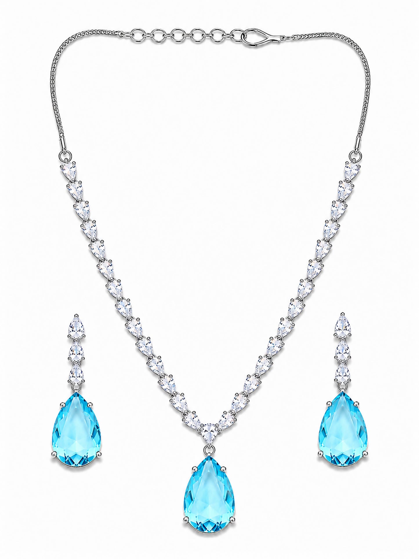 Silver Plated Sea Blue Teardrop AD Jewellery Set for Women