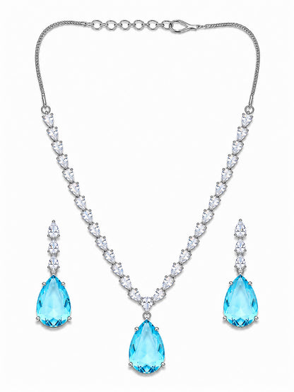 Silver Plated Sea Blue Teardrop AD Jewellery Set for Women