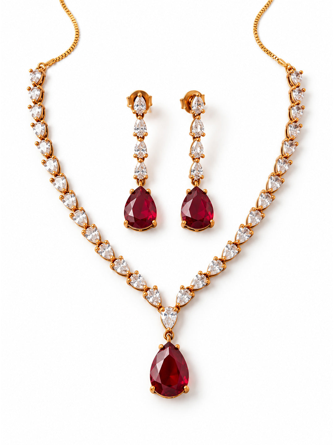 South Indian Gold Plated Red AD Teardrop Jewellery Set for Women