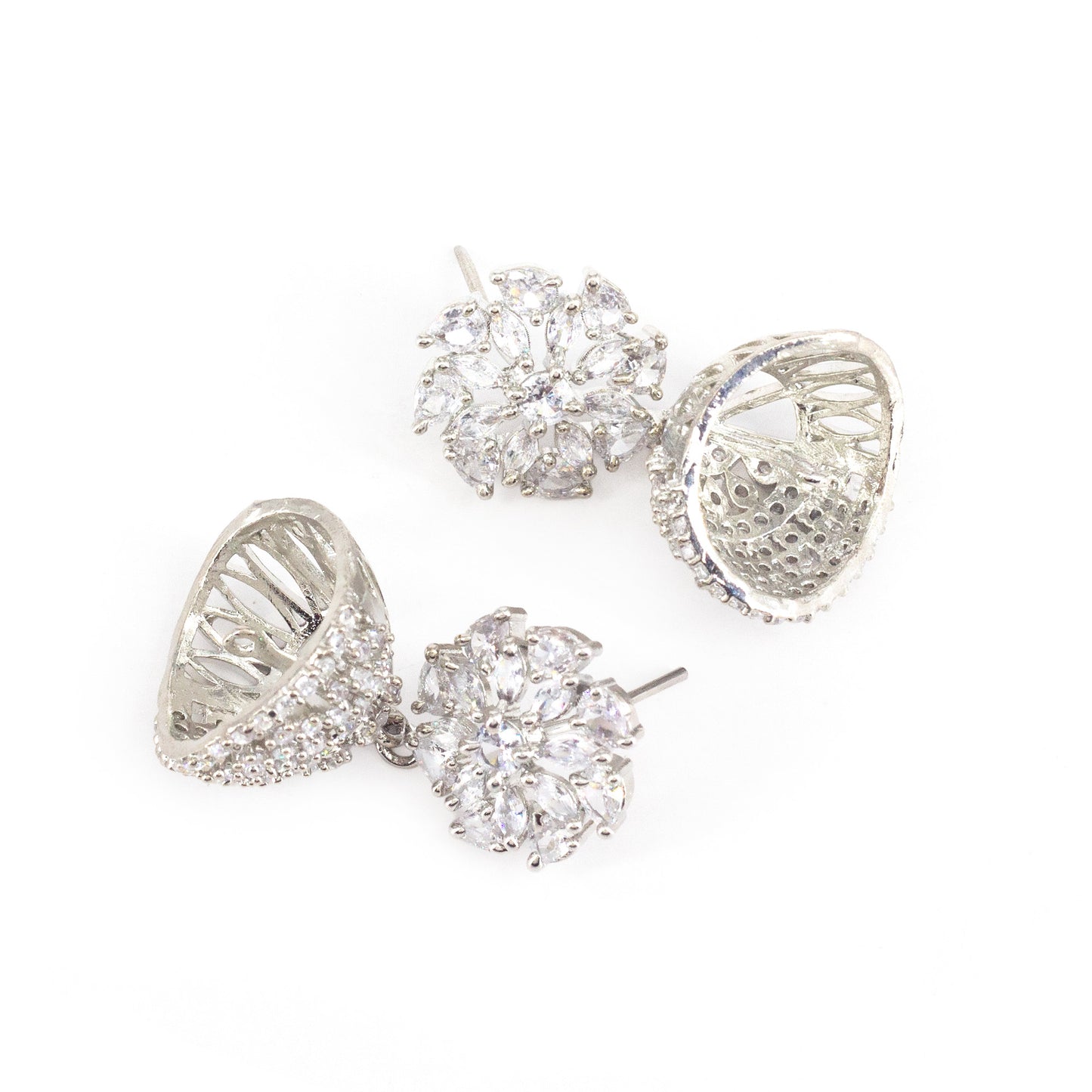 Silver Plated American Diamond Floral Diamond Jhumka Earrings for Women