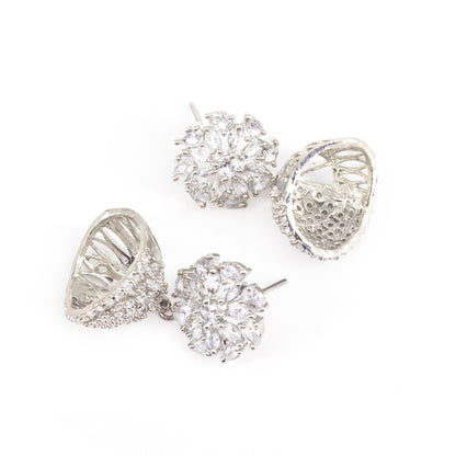 Silver Plated American Diamond Floral Diamond Jhumka Earrings for Women