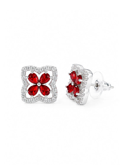 Rhodium Plated Red AD Stud Earrings for Women