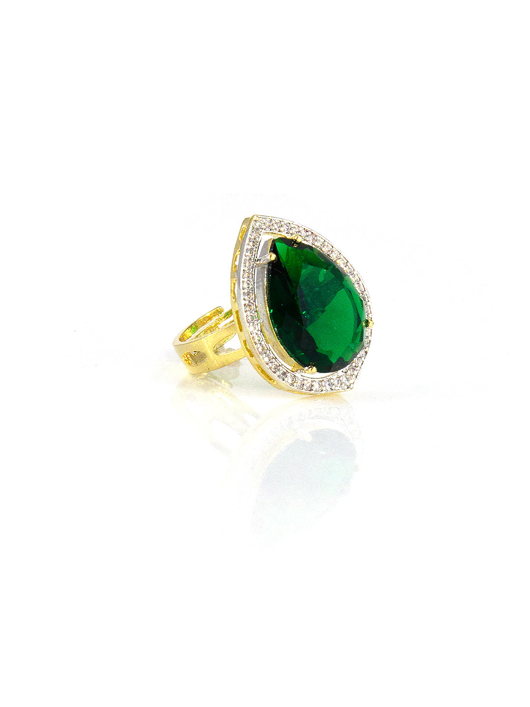 Gold Plated AD Green Cocktail Adjustable Ring