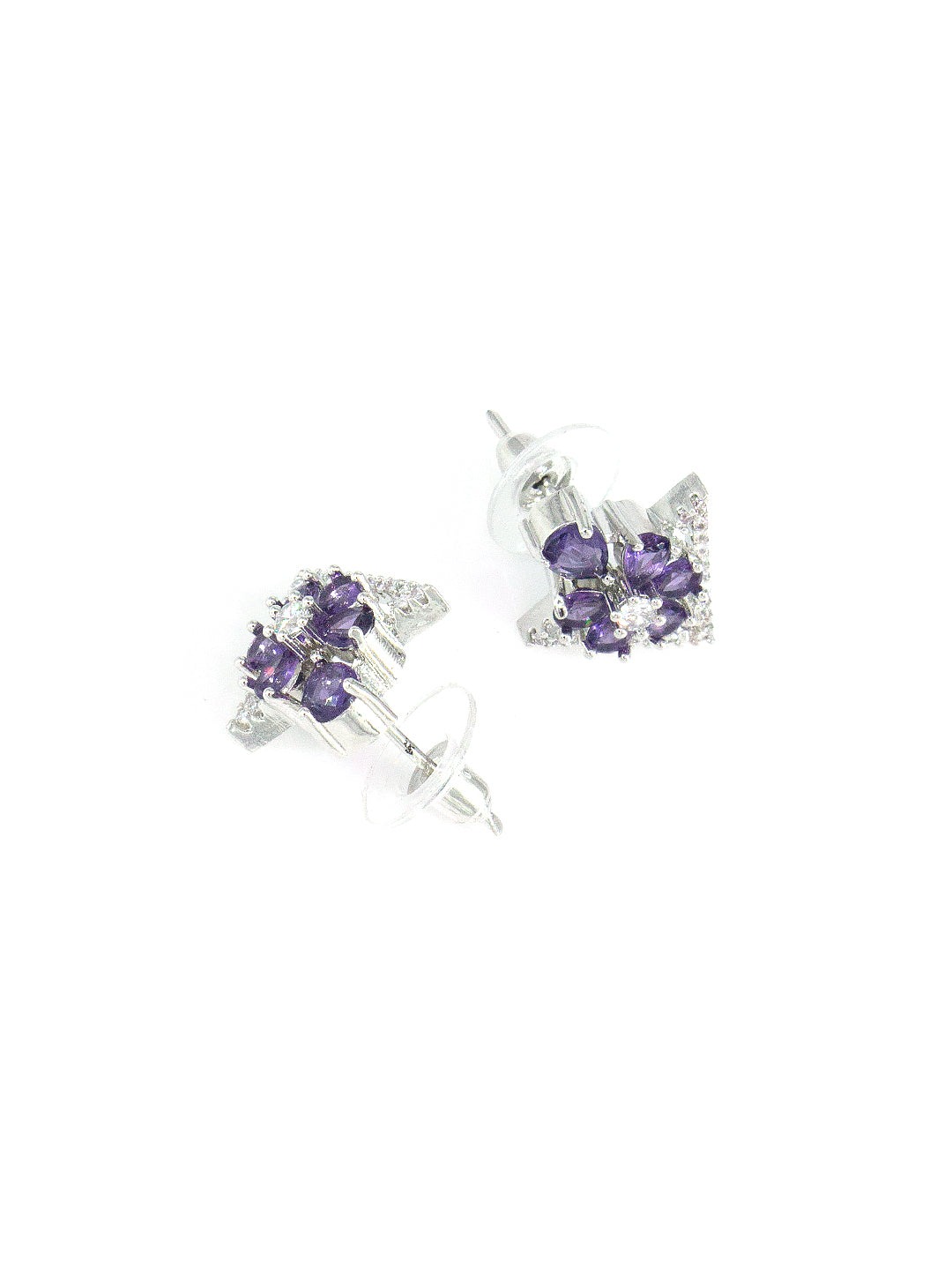Silver Plated Purple Floral Stud Earrings For Women