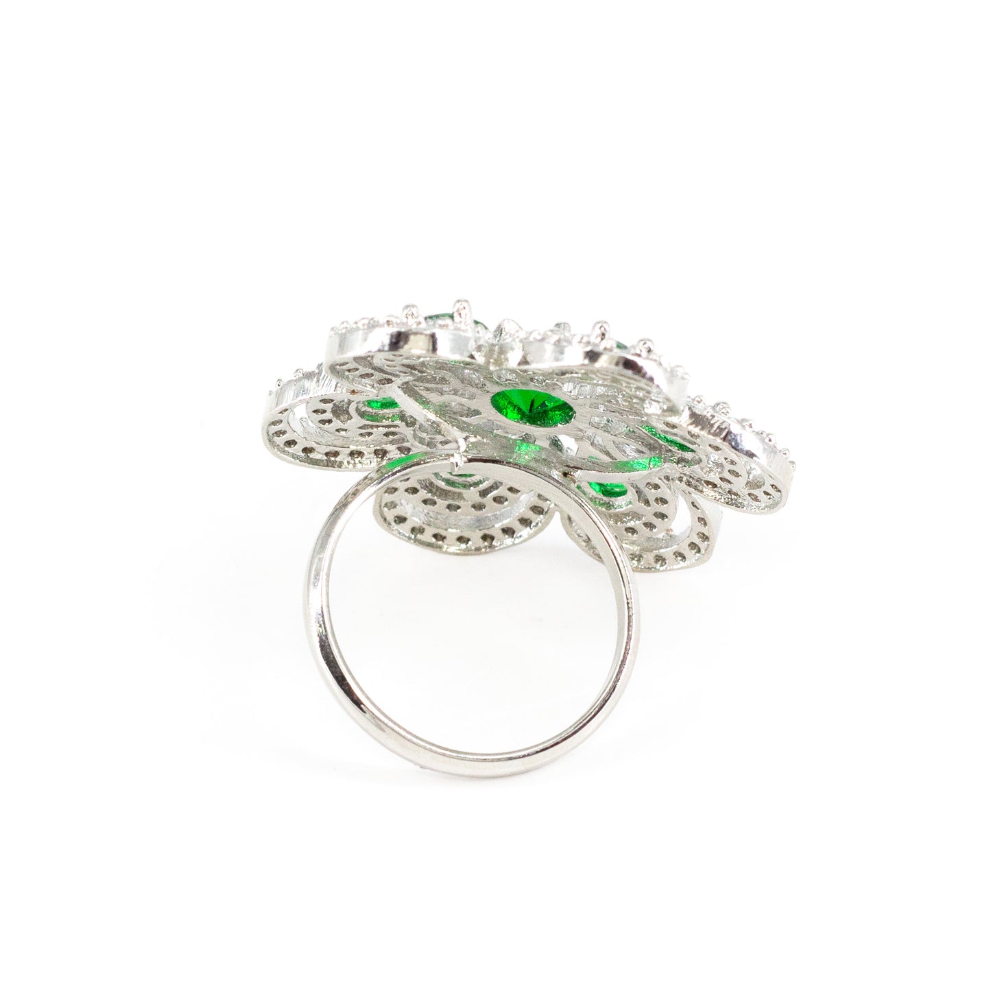 Silver Plated Green AD Floral Adjustable Finger Ring for Women