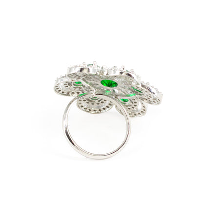 Silver Plated Green AD Floral Adjustable Finger Ring for Women