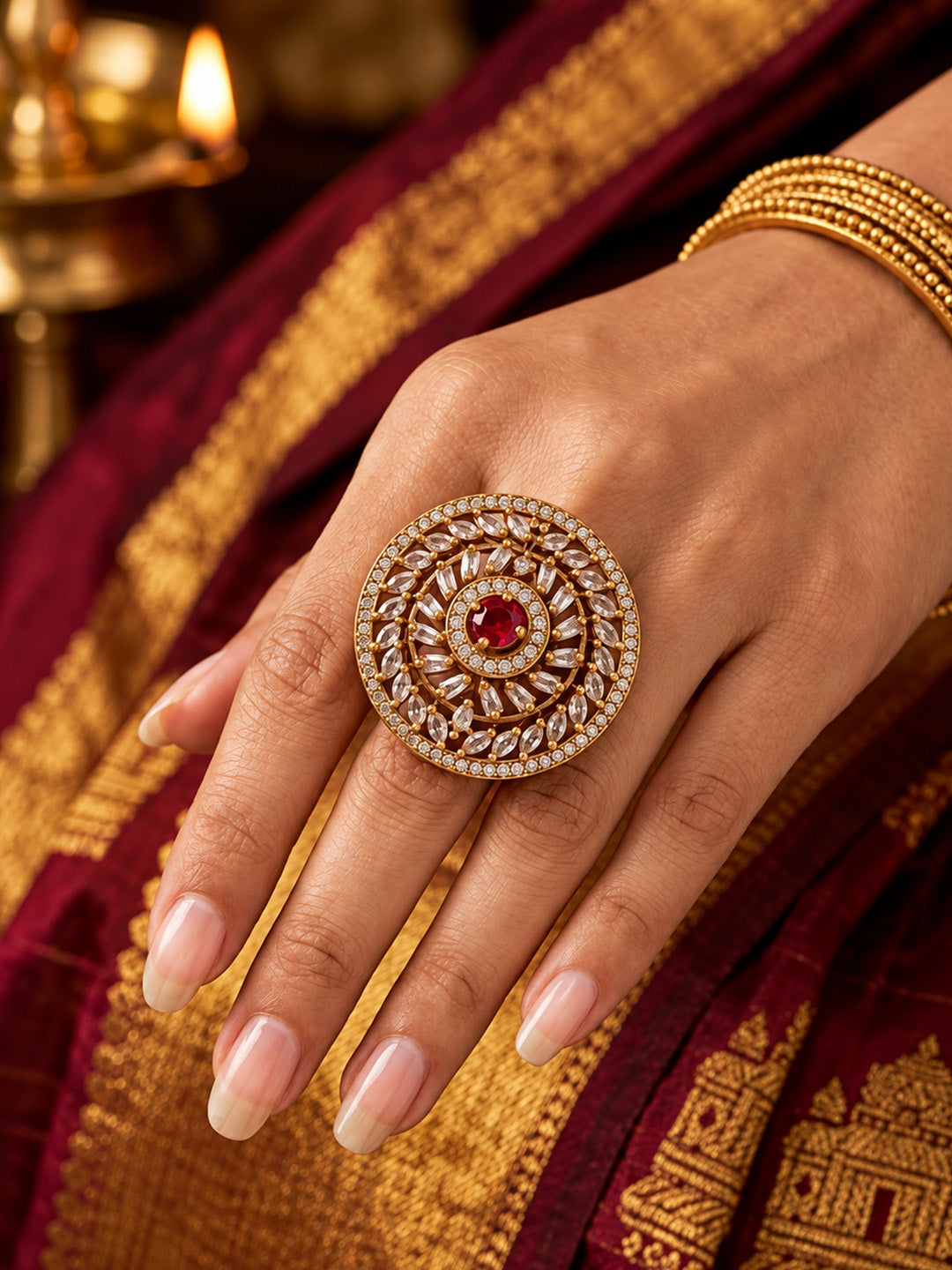Antique Gold Plated Red AD Finger Ring for Women