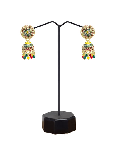 Gold Plated Floral Circular Multi Color Artificial Beaded Jhumki Earrings