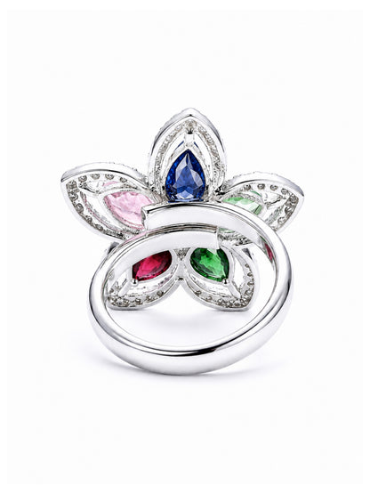Rhodium Plated Multi AD Floral Finger Ring for Women