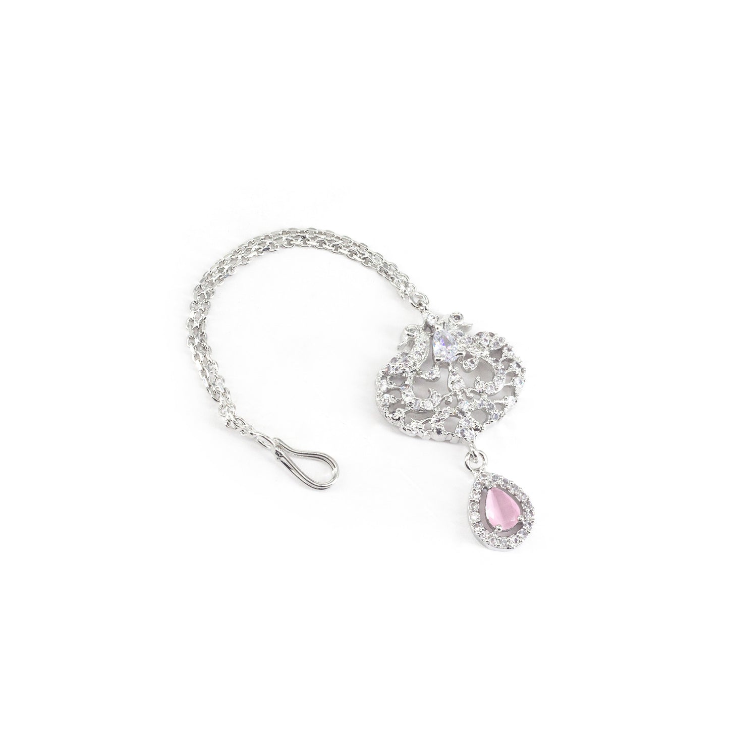 Silver Plated Pink AD Peacock Maang Tikka for Women