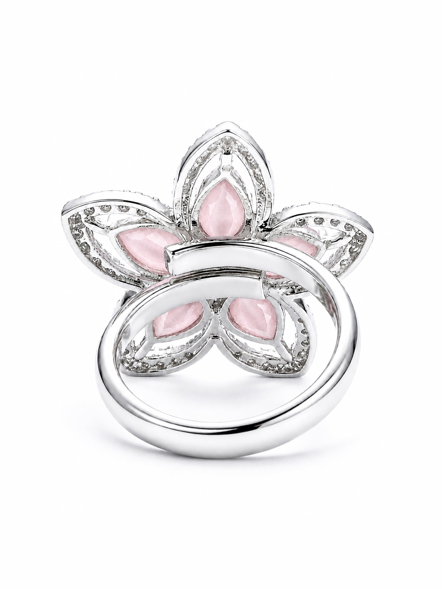 Rhodium Plated Pink AD Floral Finger Ring for Women