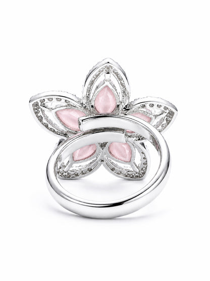 Rhodium Plated Pink AD Floral Finger Ring for Women