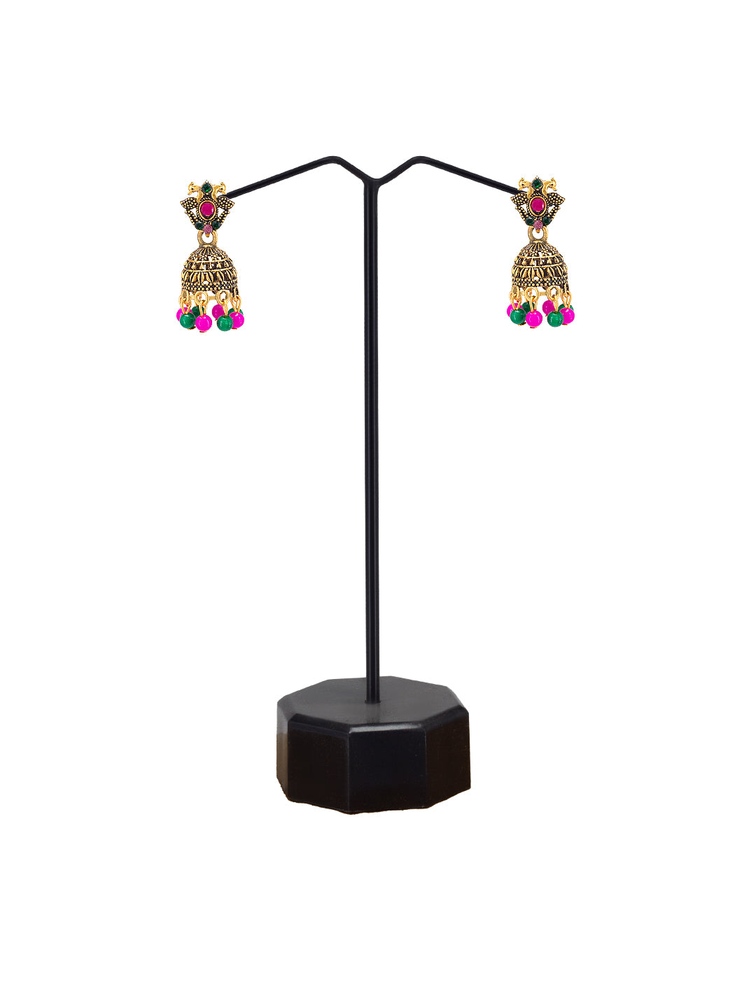 Antique Gold-Plated Peacock Artificial Stone & Beaded Jhumki Earrings
