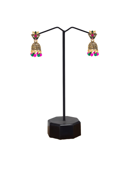 Antique Gold-Plated Peacock Artificial Stone & Beaded Jhumki Earrings
