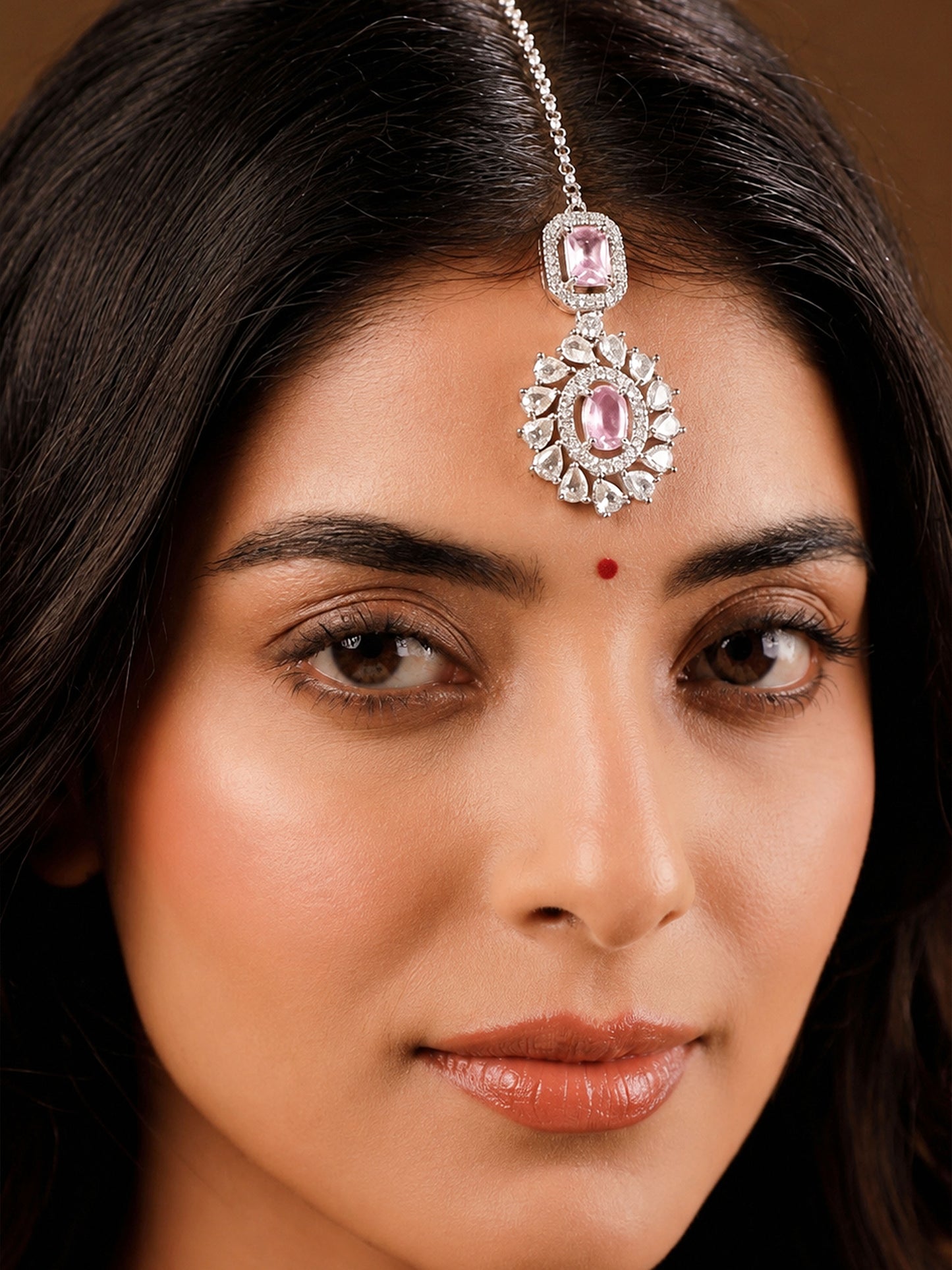 Silver Plated Pink AD Maang Tikka for Women