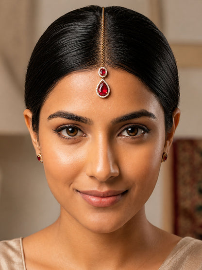Antique Gold Plated Red AD Maang Tikka for Women