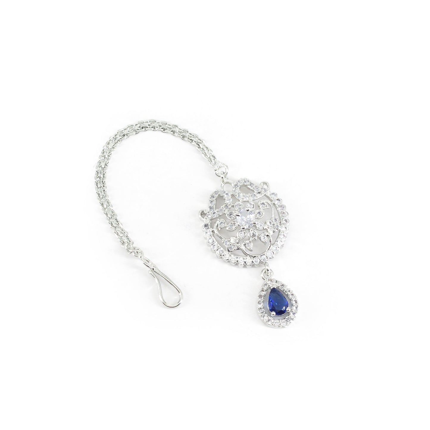 Silver Plated Blue AD Floral Maang Tikka for Women