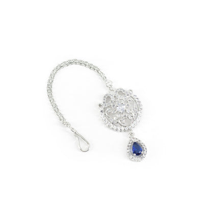 Silver Plated Blue AD Floral Maang Tikka for Women