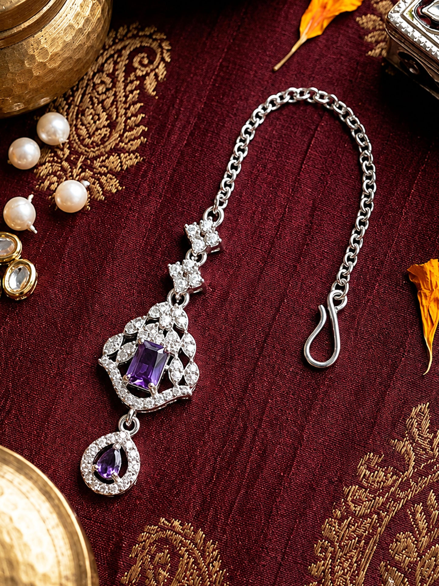 Silver Plated Purple AD Maang Tikka for Women
