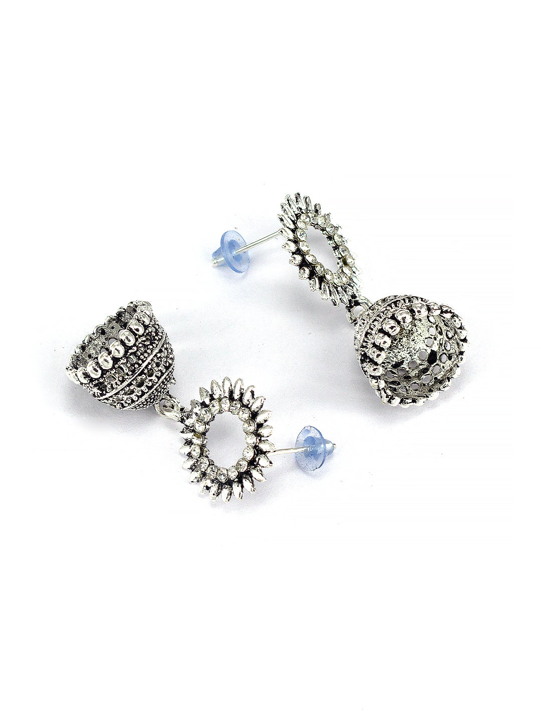 Silver Oxidised Circular CZ Studded Jhumki Earrings For Women