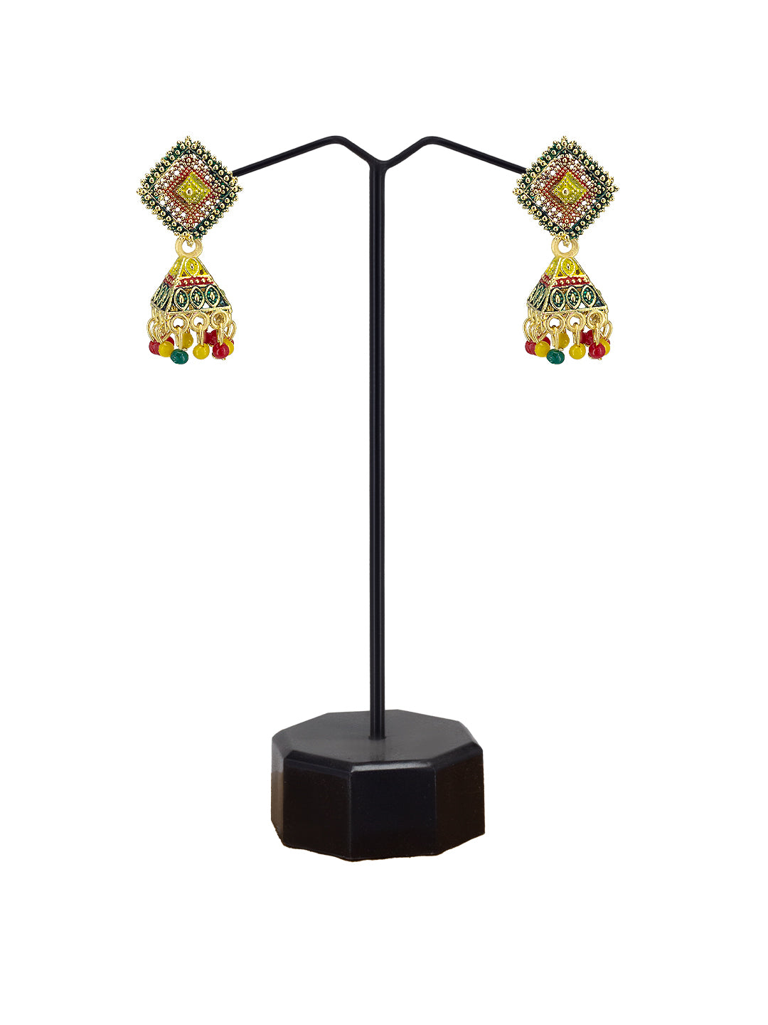 Gold Plated Square Multi Color Artificial Beaded Jhumki Earrings