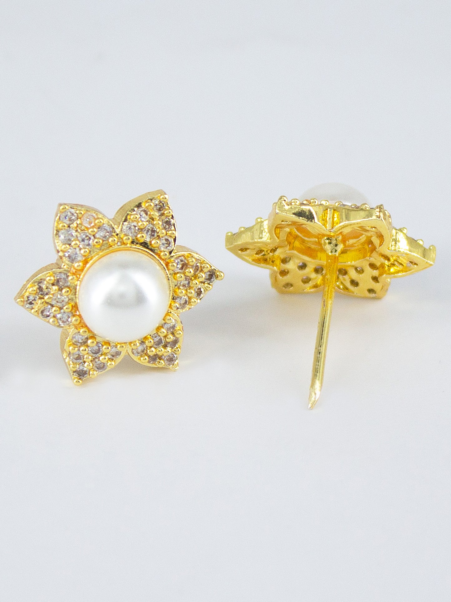 Gold Plated American Diamond Floral Stud Earrings for Women