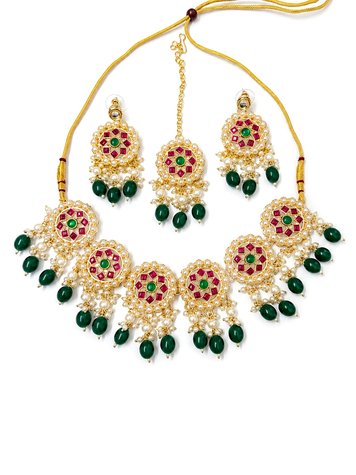 Gold-Plated Kundan Studded & Beaded Statement Jewellery Set
