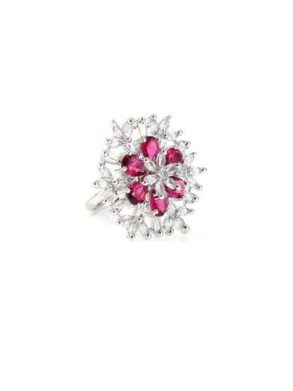 Silver-Plated AD Statement Floral Designer Adjustable Finger Ring