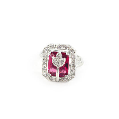 Rhodium Plated Red AD Leaf Adjustable Ring for Women