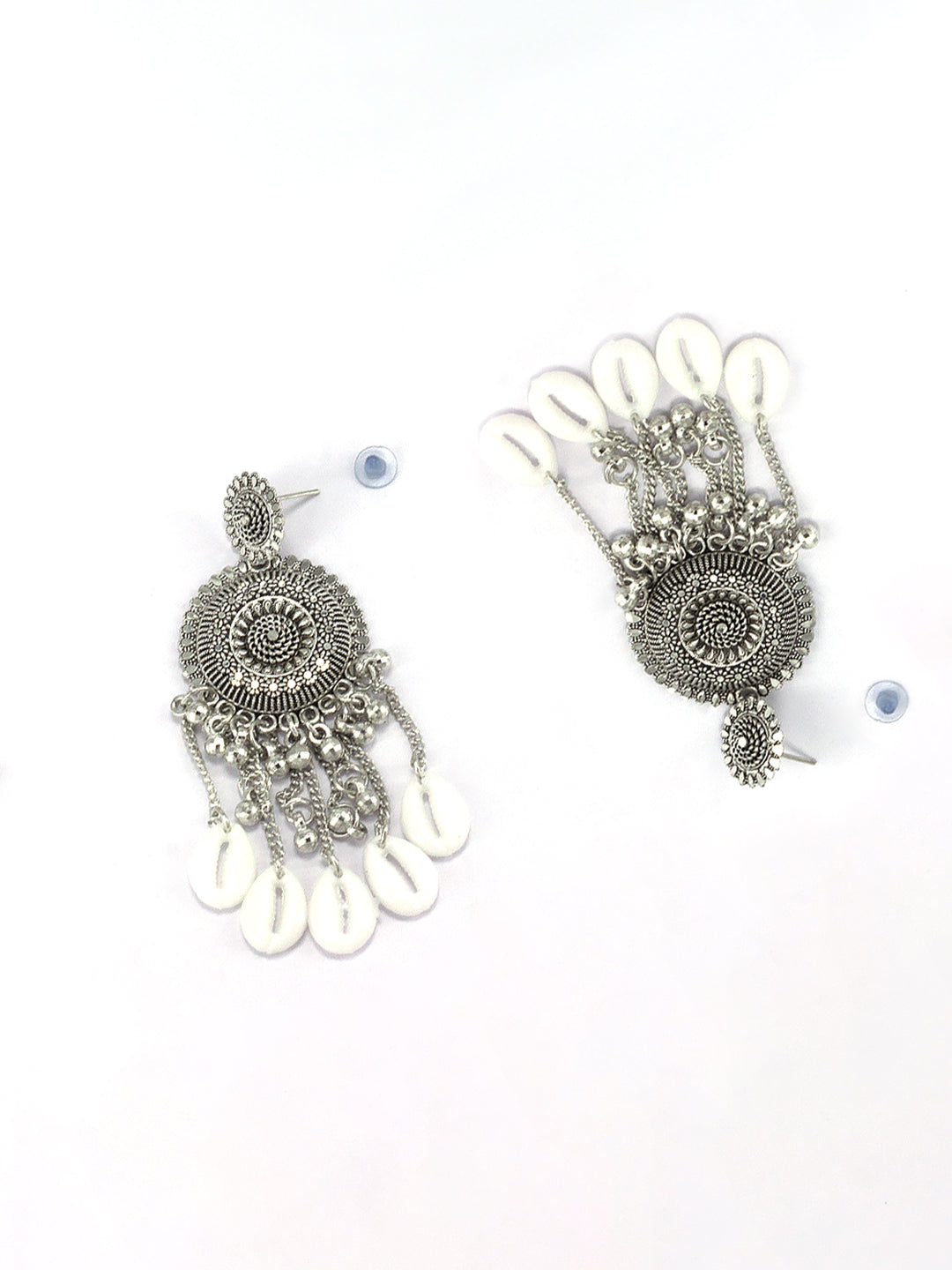 Silver Oxidised Floral & Artificial Shels Beads Jhumka Earrings