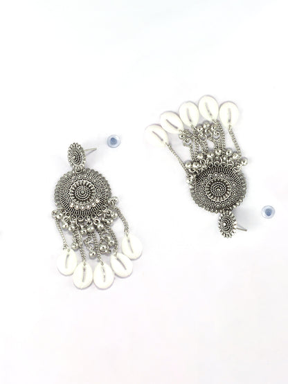 Silver Oxidised Floral & Artificial Shels Beads Jhumka Earrings