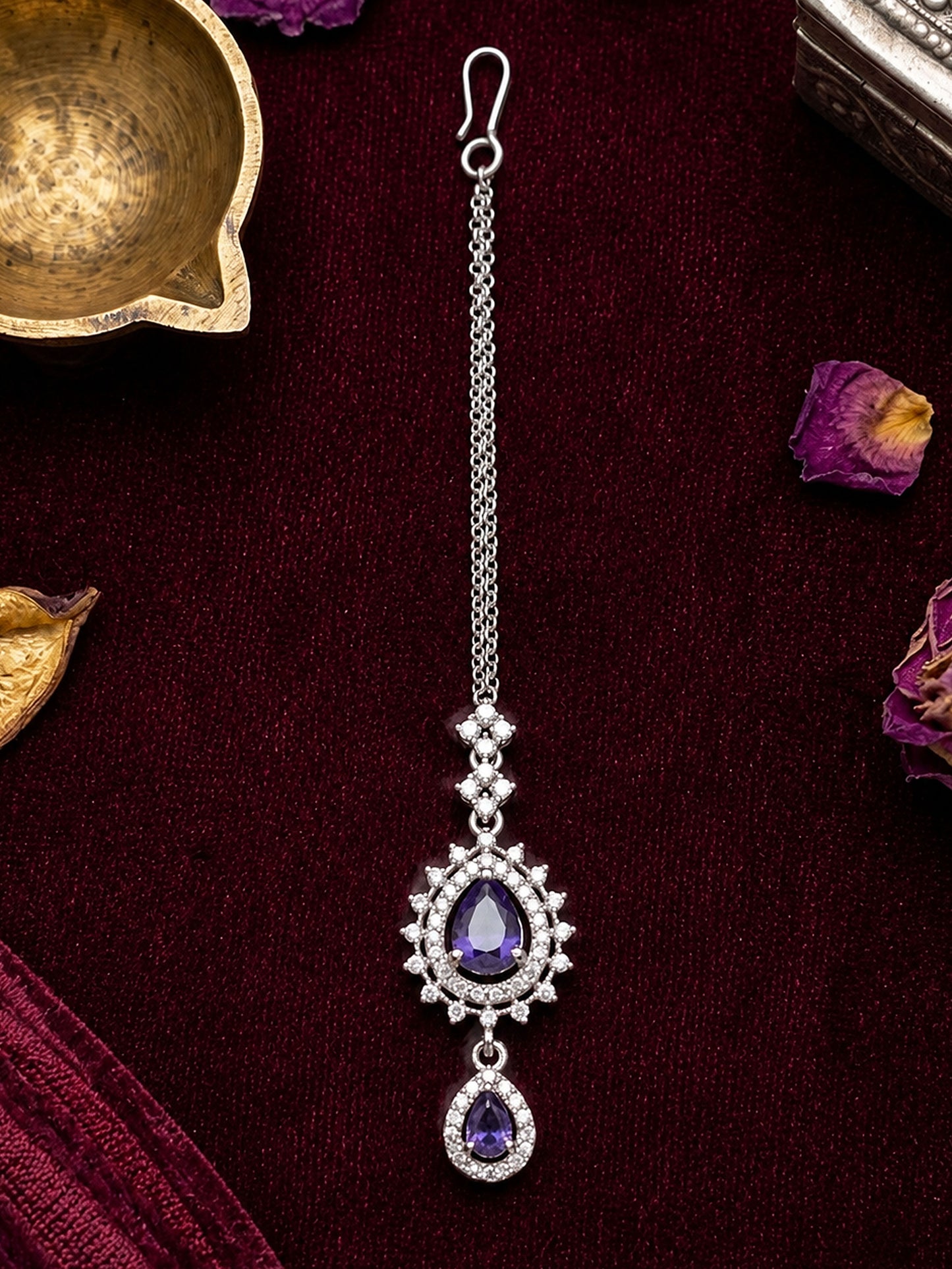 Silver Plated Purple AD Maang Tikka for Women