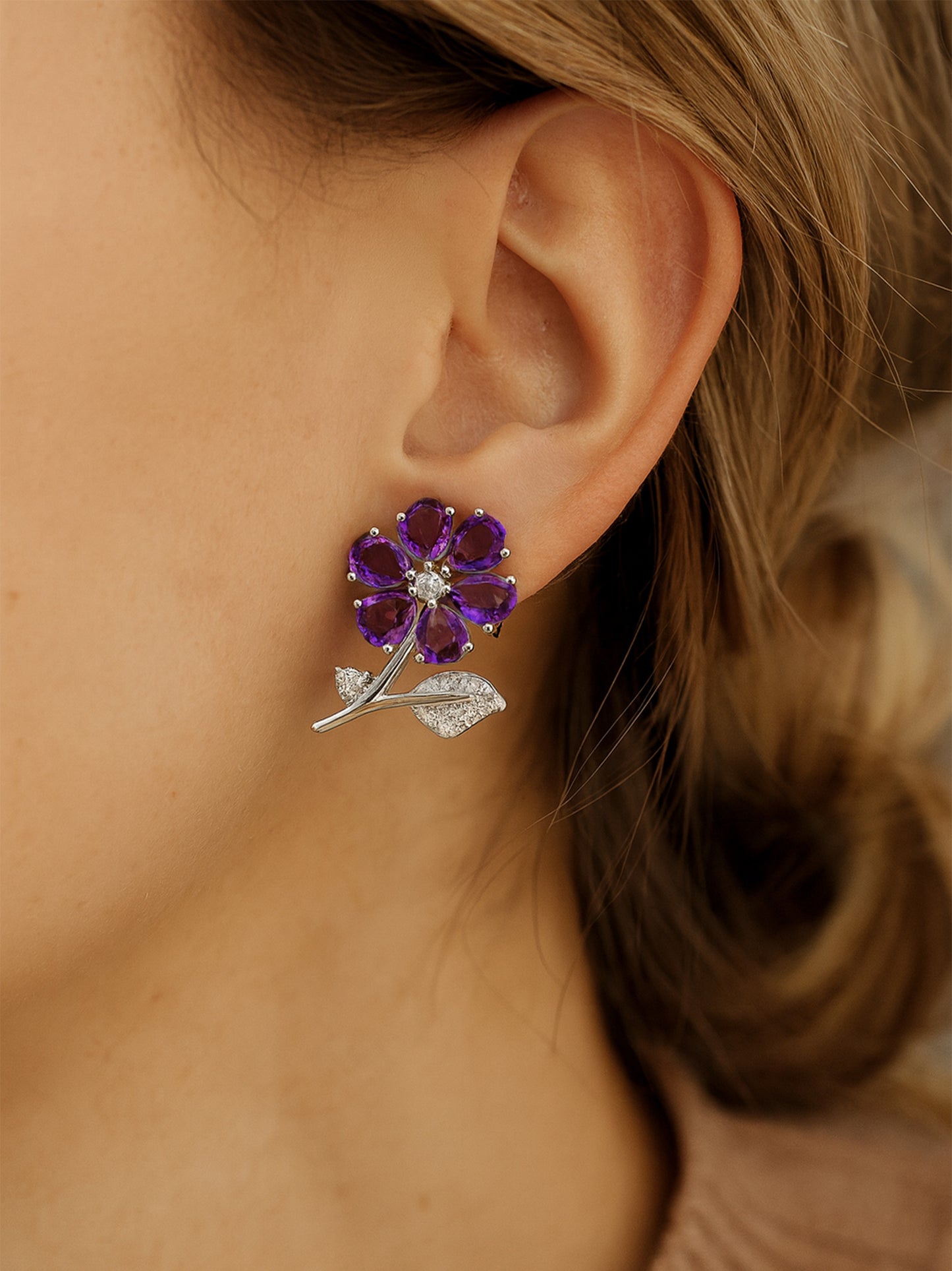 Silver Plated Purple AD Floral Stud Earrings for Women