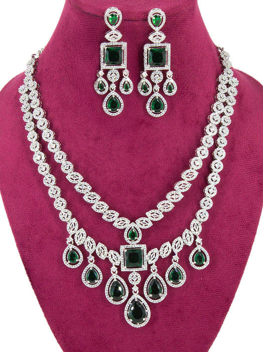 American Diamond Green 2 Layer Designer Jewellery Set For Women